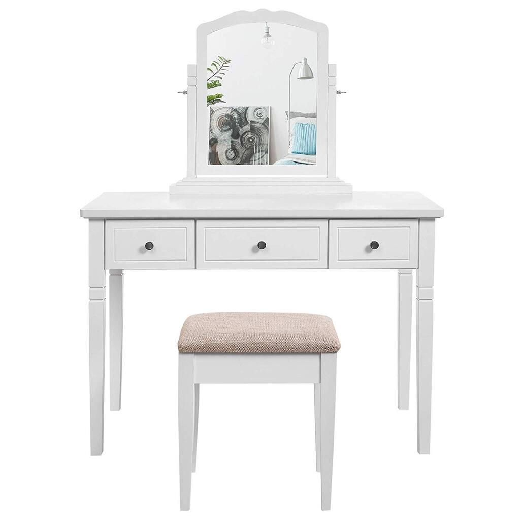 Wooden Vanity Set with 3 Drawers and Adjustable Mirror, White