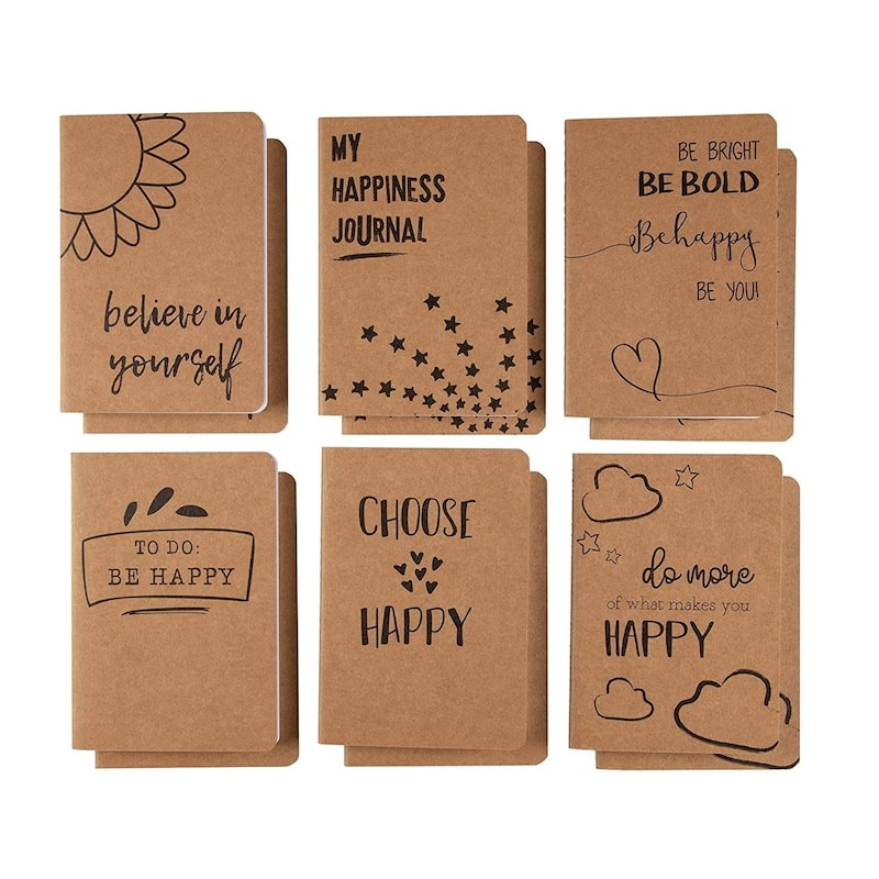 Paper Junkie 12 Pack Happiness-Themed Journals Bulk Set, Kraft Paper Notebooks, 4 x 5.75 In