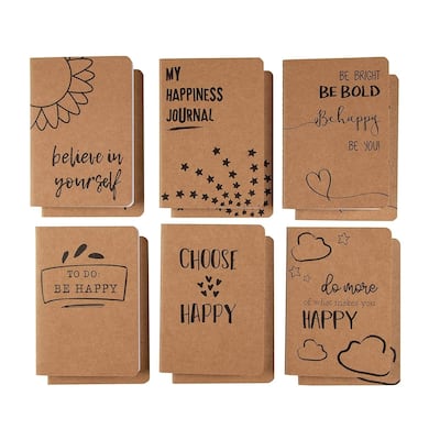 Paper Junkie 12 Pack Happiness-Themed Journals Bulk Set, Kraft Paper Notebooks, 4 x 5.75 In
