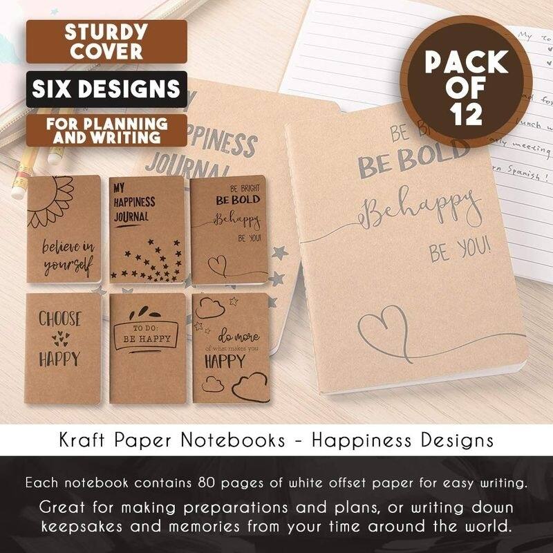 Paper Junkie 12 Pack Happiness-Themed Journals Bulk Set, Kraft Paper Notebooks, 4 x 5.75 In