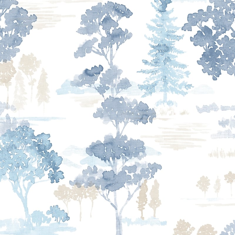 Forest Wallpaper in Beige & Blues - Beige, Sand, Navy, Blue