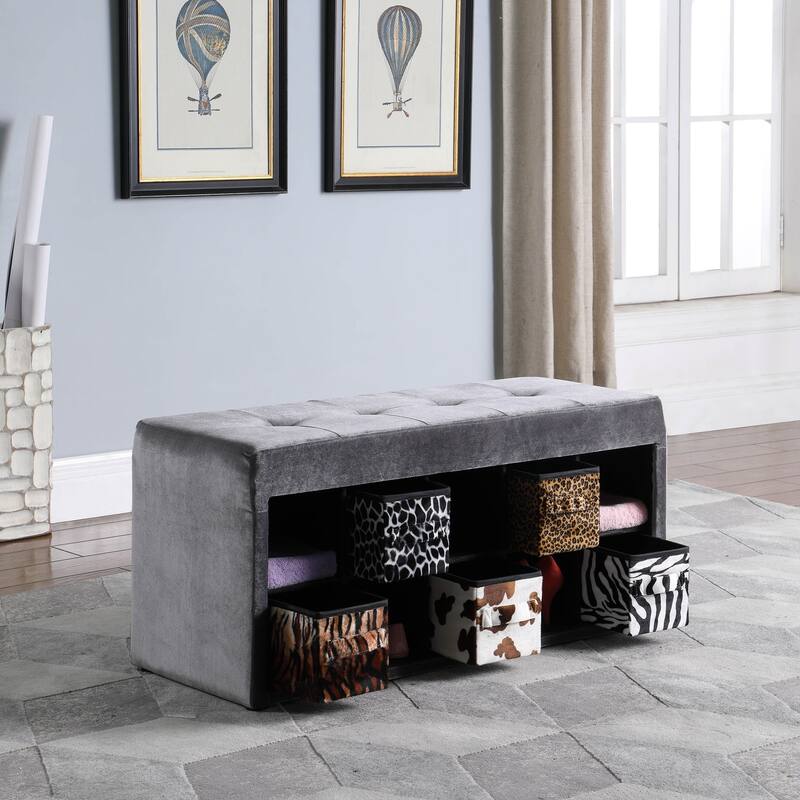 Deep Grey Devin Velour Tufted Multi-Purpose Storage Bench