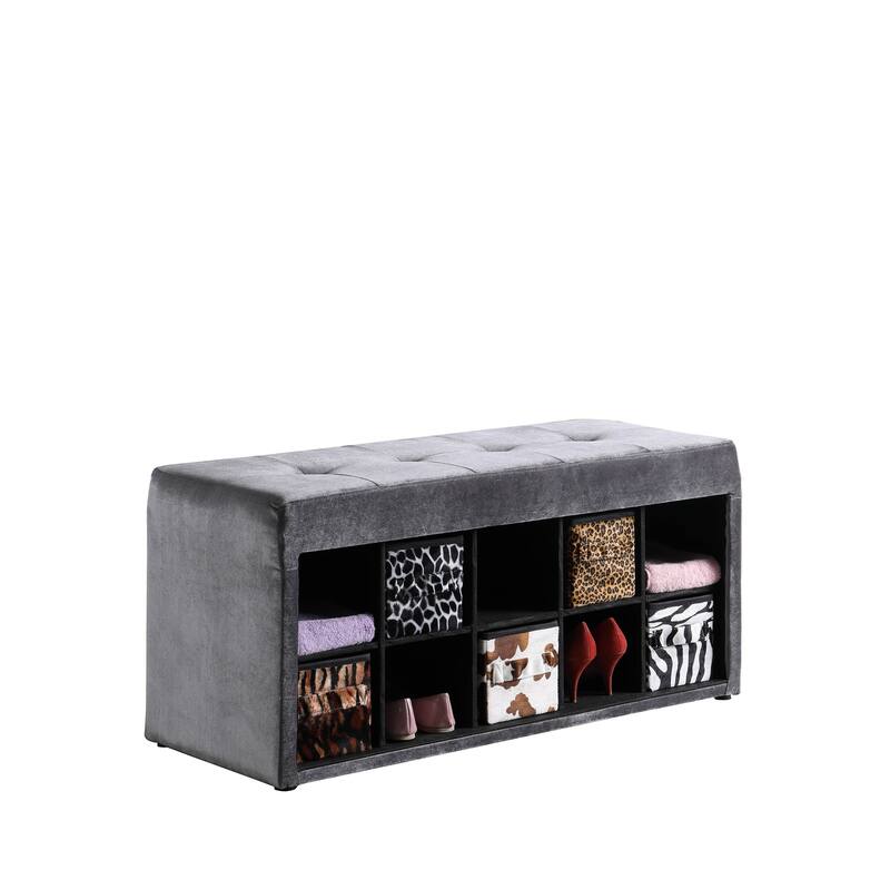 Deep Grey Devin Velour Tufted Multi-Purpose Storage Bench