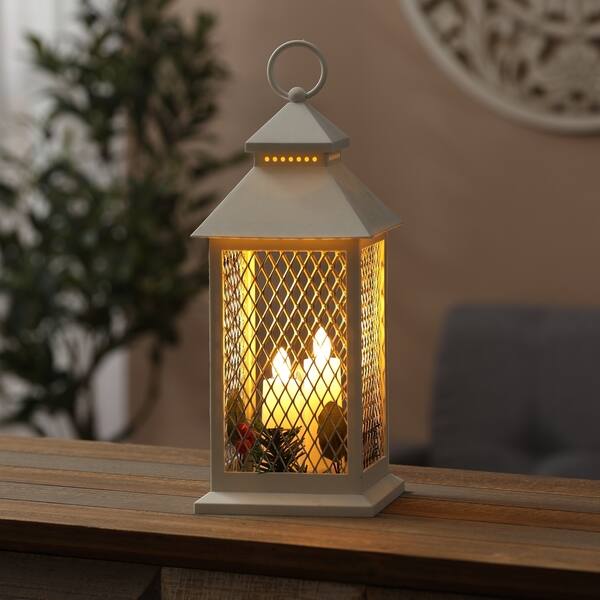 slide 1 of 6, Lighted Christmas Holiday Berry and Pine Cone with 3 LED Candles White Lantern - 12" H x 5.3" W x 5.3" D