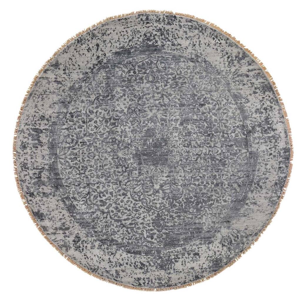 Shahbanu Rugs Round Silver Broken Persian Erased Design Wool and Pure Silk Rug (8'0" x 8'0") - 8'0" x 8'0"