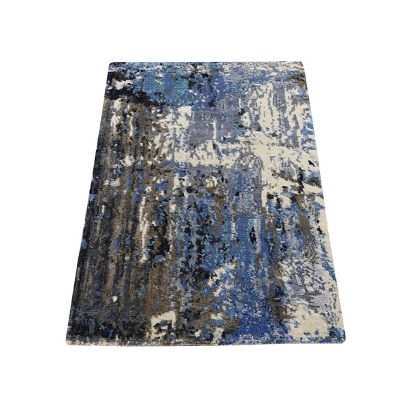 Shahbanu Rugs Sample Blue-Gray Abstract Design Wool and Silk Handmade Oriental Rug (2'0" x 3'0") - 2'0" x 3'0"