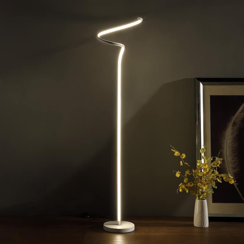 Led Matte White Curvilinear S-curve Spiral Tube Angled Floor Lamp - Bed 