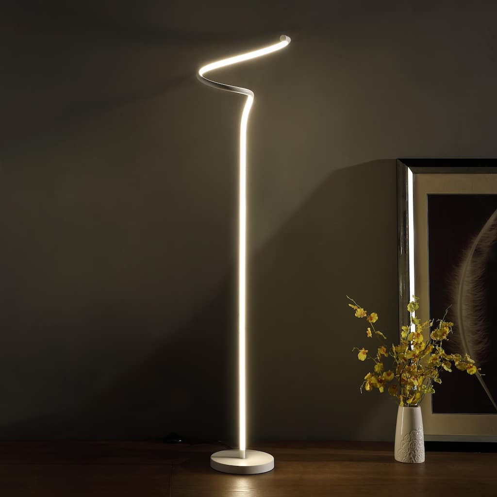 LED Matte White Curvilinear S-Curve Spiral Tube Angled Floor Lamp