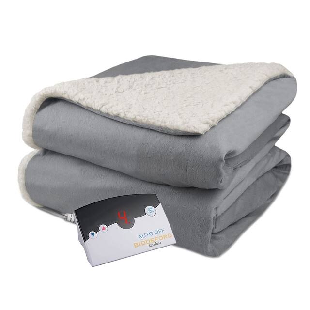 Biddeford Velour Sherpa Electric Heated Warming Blanket Twin Gray