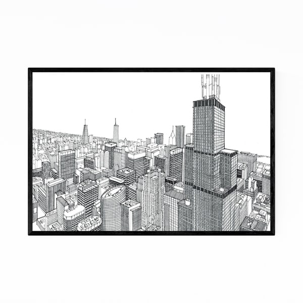 Noir Gallery Chicago Skyline Cityscape Drawing Framed Art Print