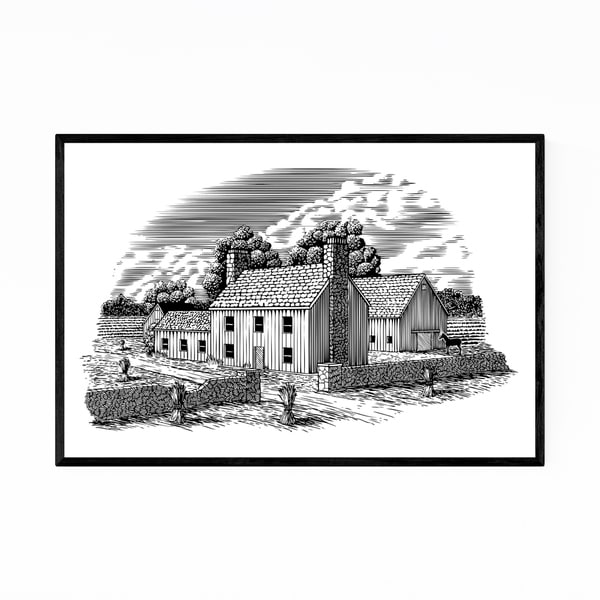 Noir Gallery Rural Farmhouse Barn Woodcut Framed Art Print