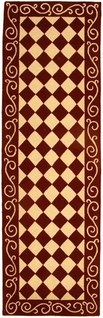 Hand hooked Diamond Burgundy/ Ivory Wool Runner (26 X 10)