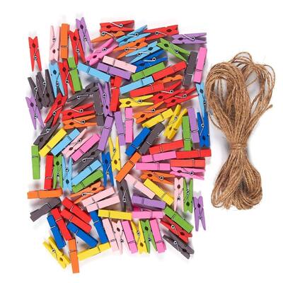 Mini Natural Wooden Clothespins - 100-Piece Colorful Clothespins with Jute Twine