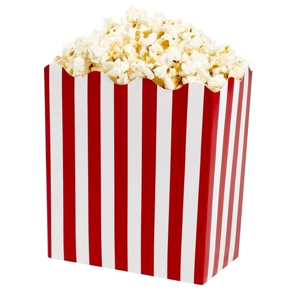 50 Paper Popcorn Boxes Paper Party Favor Treat Box Red White Circus 6.5x3.5x6 in. Opens flyout.