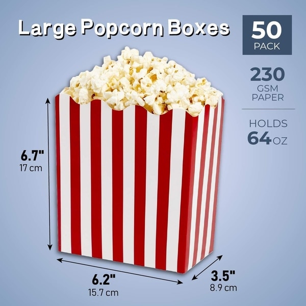 50 Paper Popcorn Boxes Paper Party Favor Treat Box Red White Circus 6.5x3.5x6 in