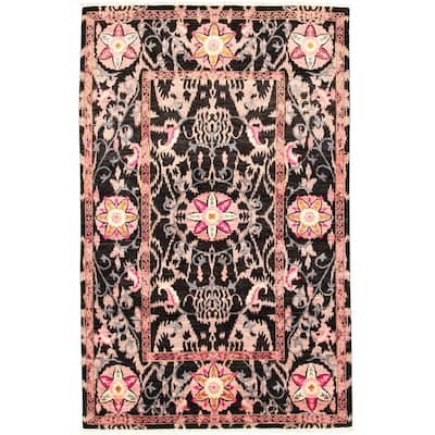 Hand-knotted Signature Collection Black, Pink Wool Rug