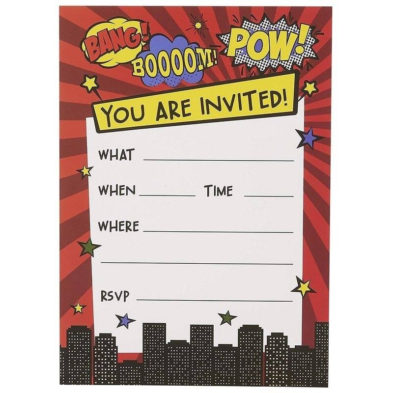 Blue Panda 24-Set Action Hero Design Invitation Card with Envelope for Kids Birthday Party