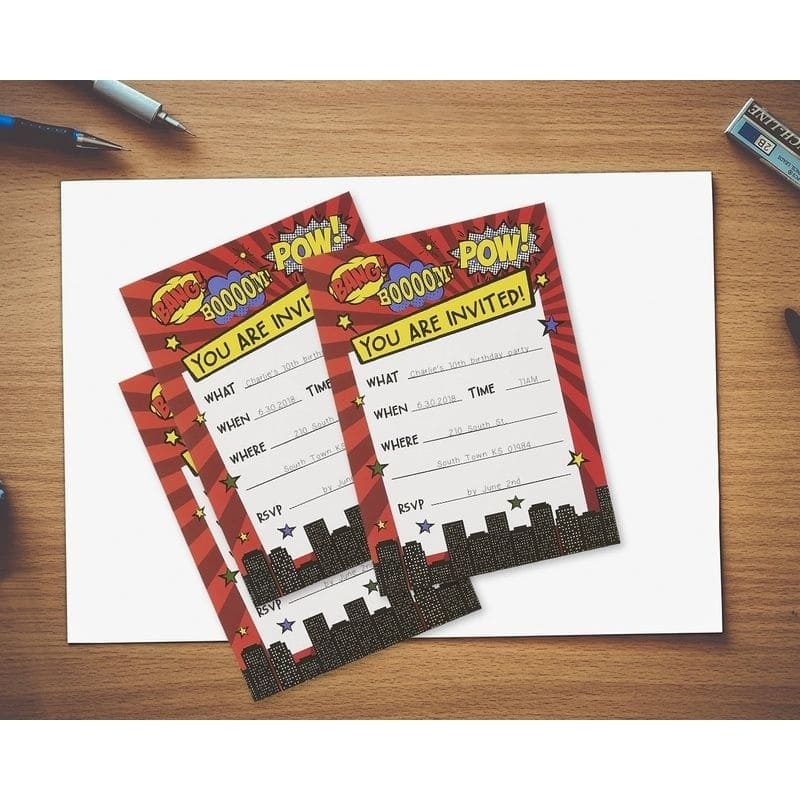 Blue Panda 24-Set Action Hero Design Invitation Card with Envelope for Kids Birthday Party
