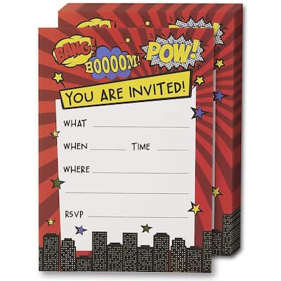 Blue Panda 24-Set Action Hero Design Invitation Card with Envelope for Kids Birthday Party