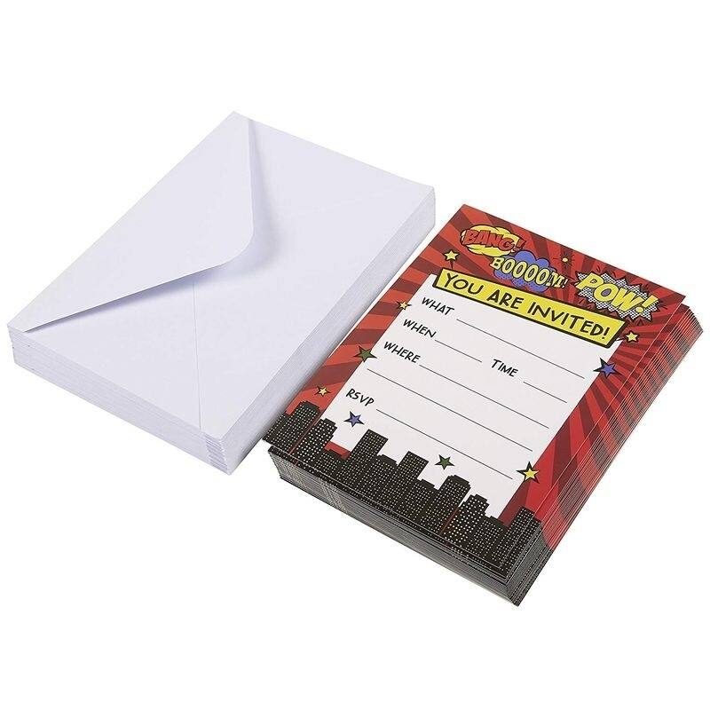 Blue Panda 24-Set Action Hero Design Invitation Card with Envelope for Kids Birthday Party