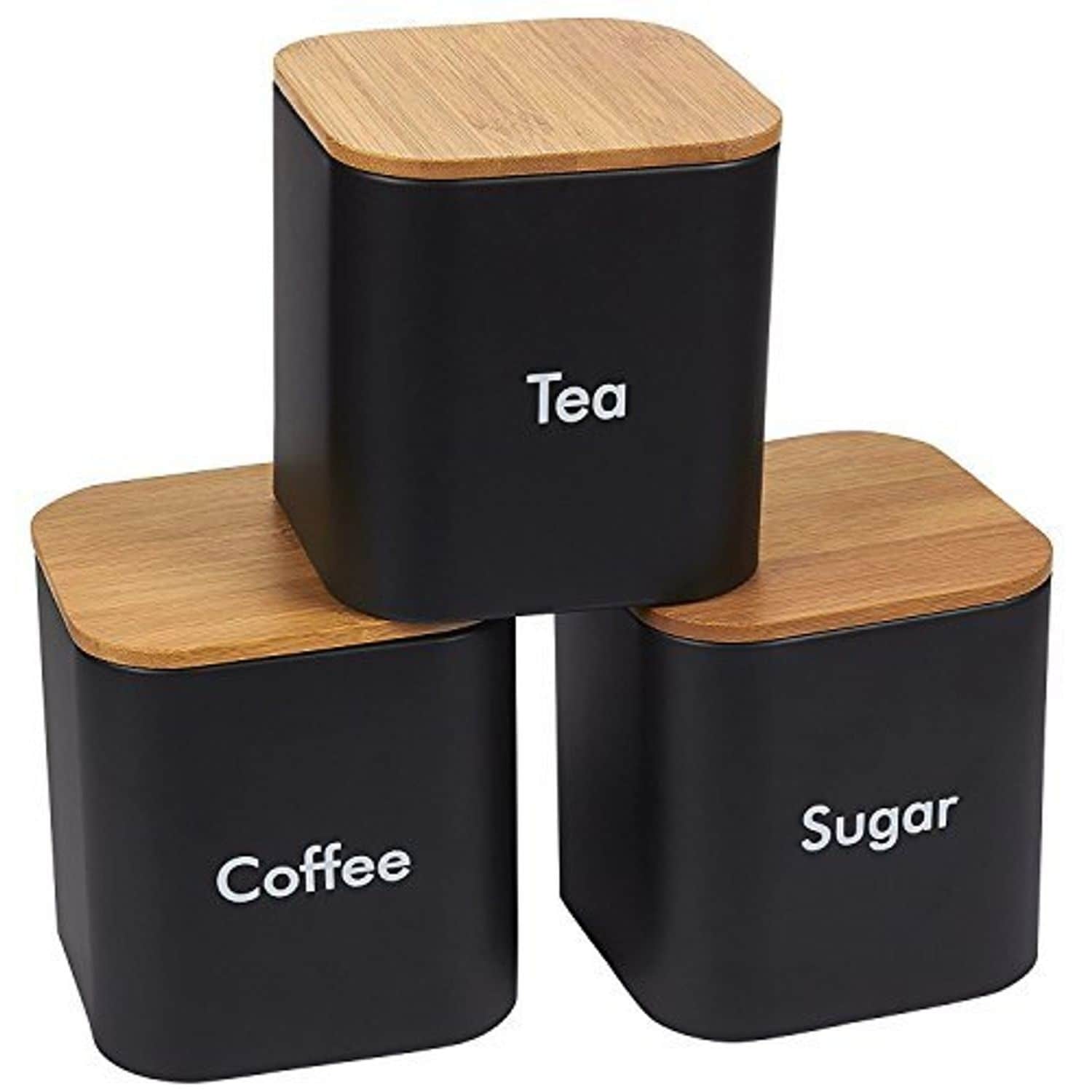 x 14cm x 14cm H 3PC Tea D W Sugar & Coffee Canister Set MATT Black 15cm Conical Shaped Metal Kitchen Storage Canisters with Bamboo Lids 