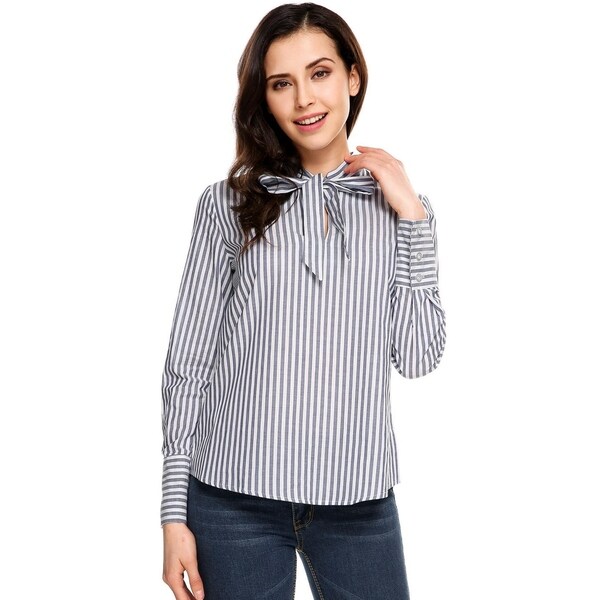 Zeagoo Womens Striped Button Down Shirt Long Sleeve V Neck Blouse Top with Tie