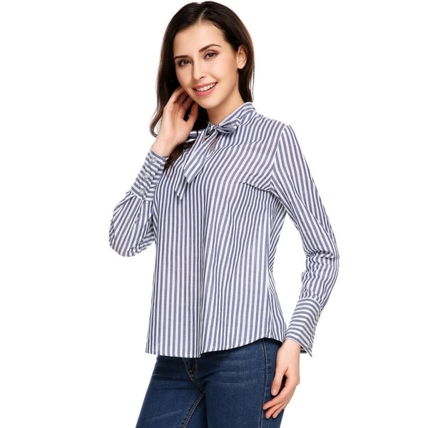 Zeagoo Womens Striped Button Down Shirt Long Sleeve V Neck Blouse Top with Tie