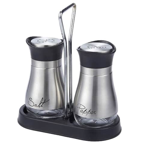 Elegant BPA Free Salt Pepper Shakers Stainless Steel Glass Set with Stand, 4oz