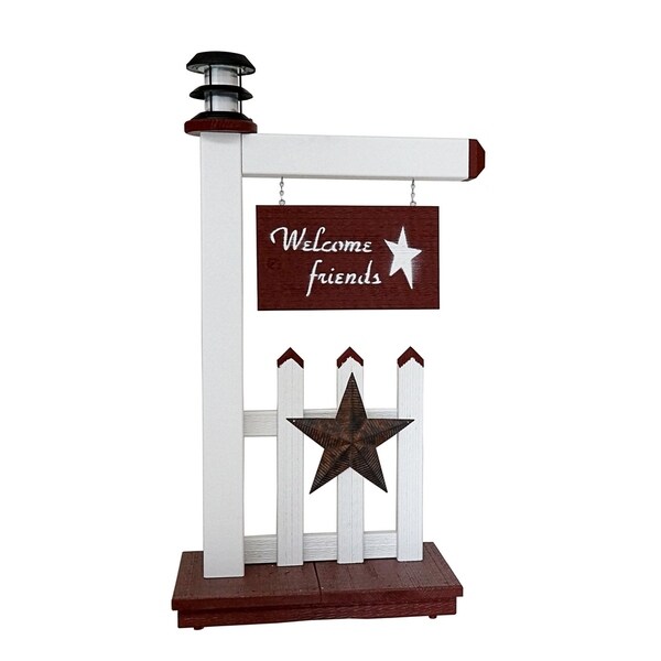 Primitive Outdoor Entryway Welcome Sign with Solar Light - White and Country Red