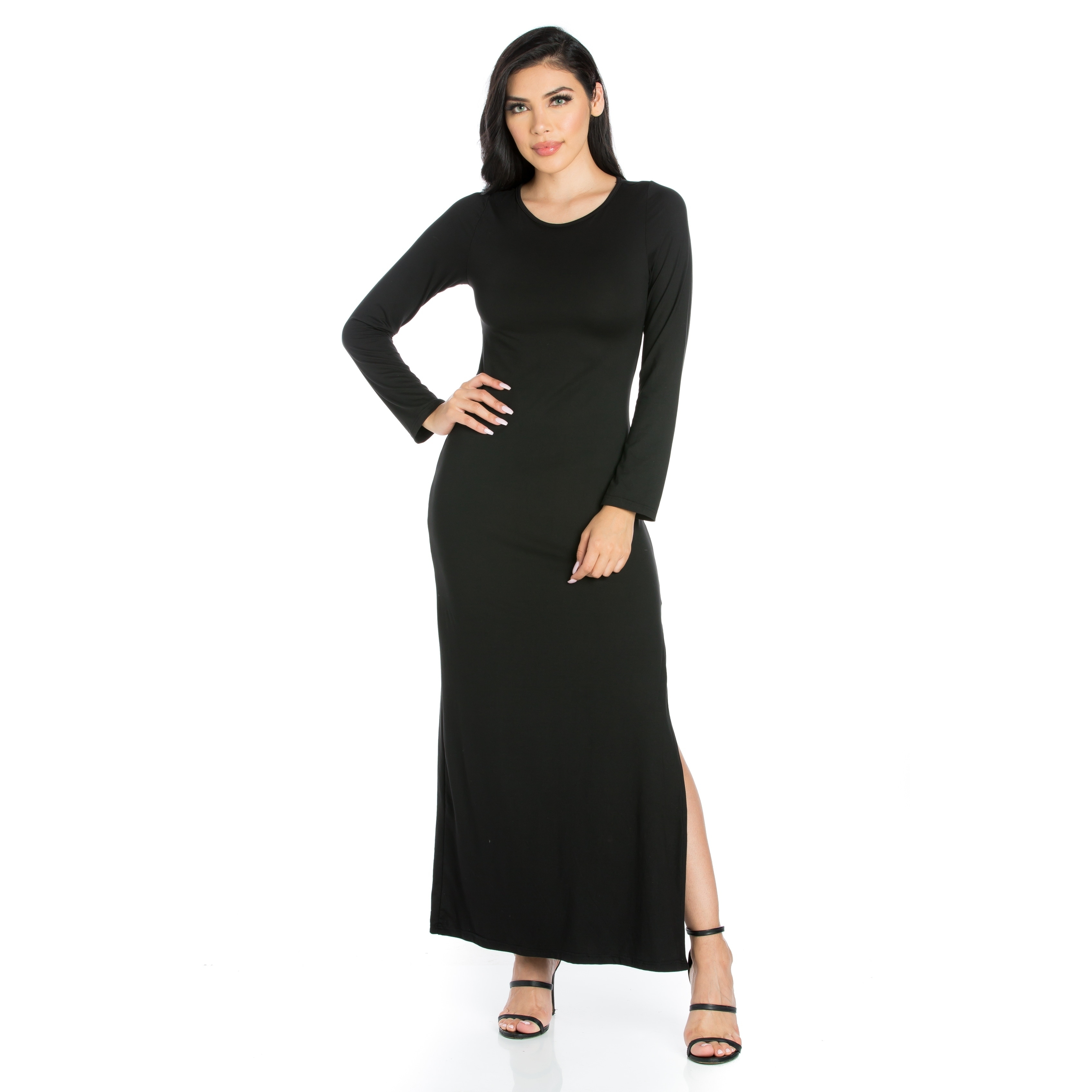 black long sleeve maxi dress with side split