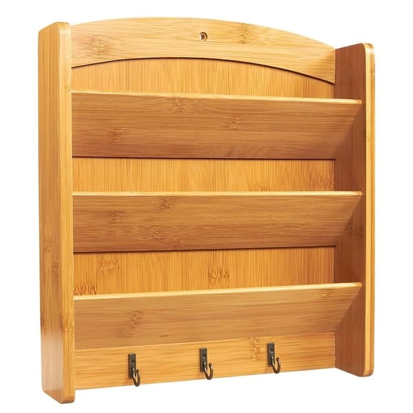 Bamboo Mail Holder Wall Mounted Organizer W 3 Key Hook Rack Bamboo Mail Holder Wall Mounted
