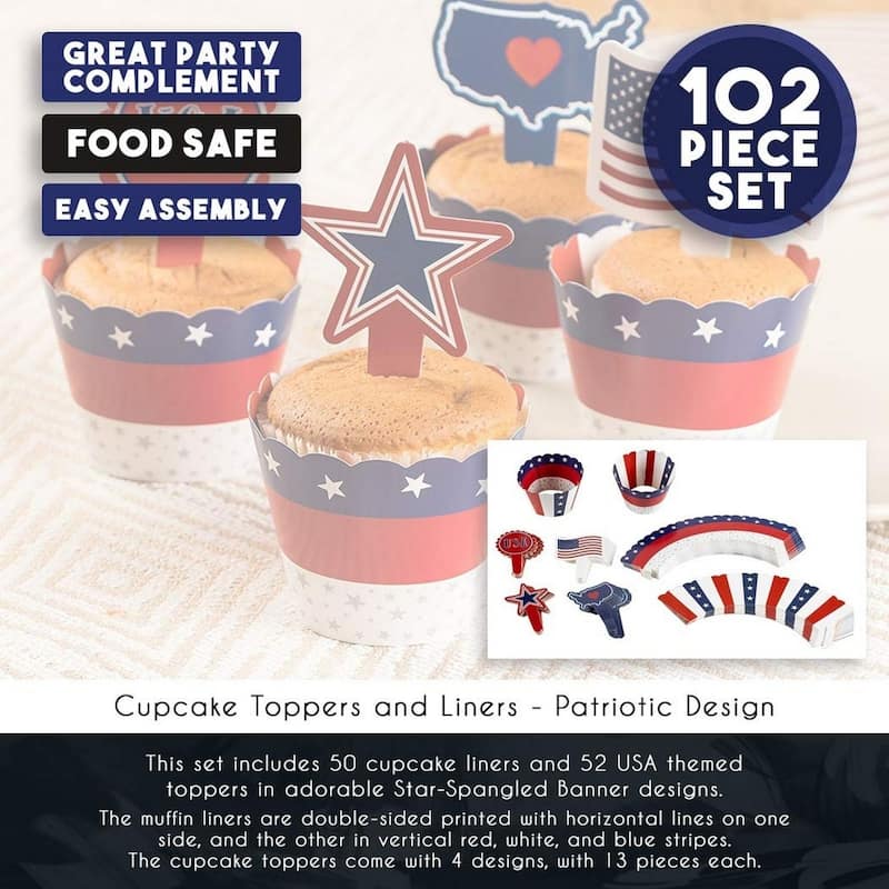 102-Piece Patriotic Cupcake Toppers and Liners Cupcake Wrappers Baking Supplies