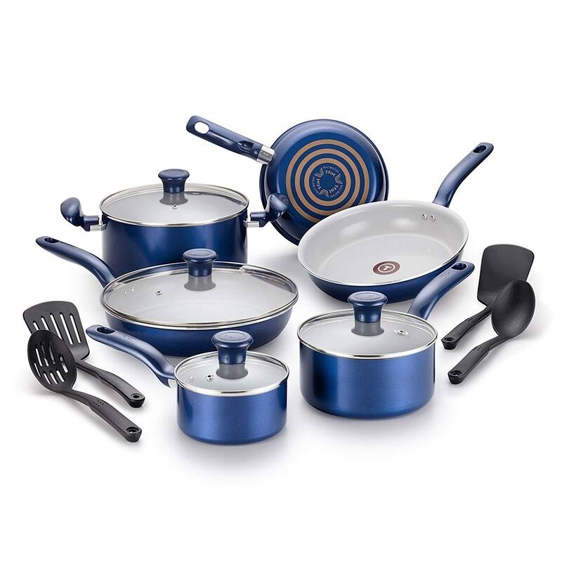 T-Fal 14 Pc. Initiatives Ceramic Toxic Free Cookware Set in Blue - Bed ...