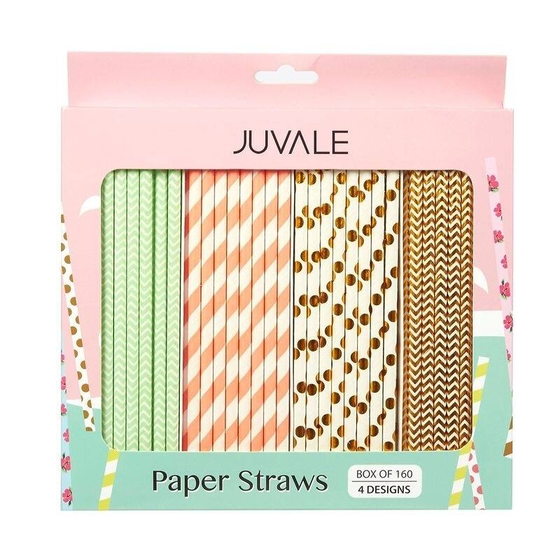 160 Paper Straws Biodegradable, Metallic Gold, Polka Dot, Stripe, Chevron, Green Bed Bath