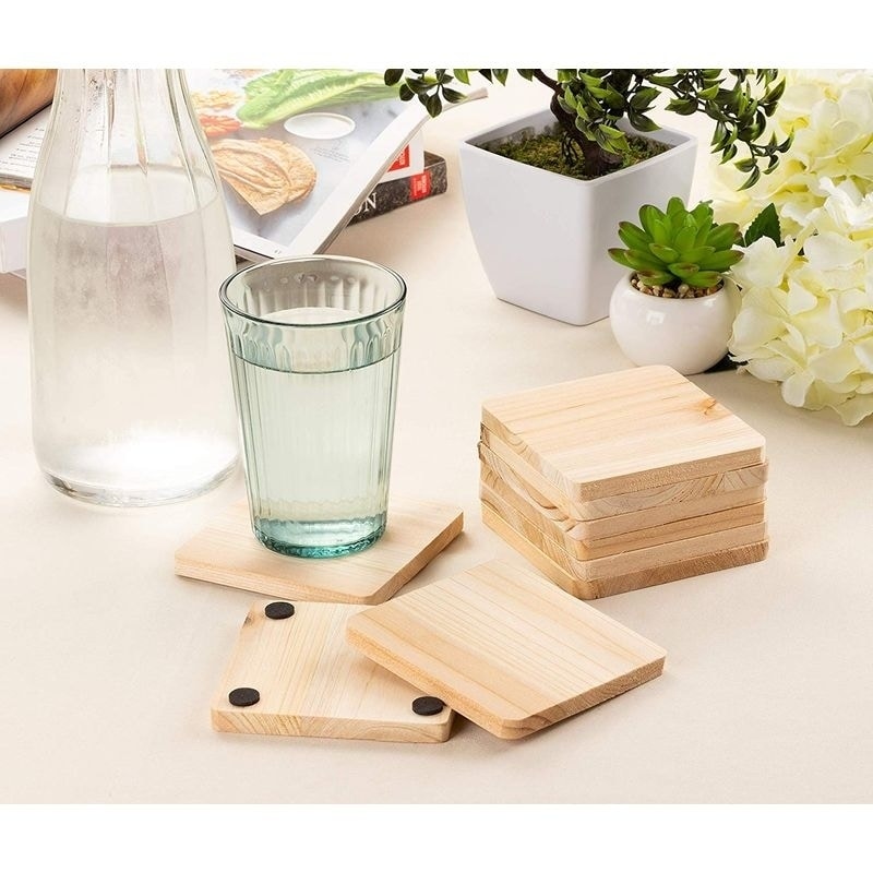 Wood Coasters, 12 Pack Square Unfinished Wooden Coasters with Non-Slip Foam  Dot