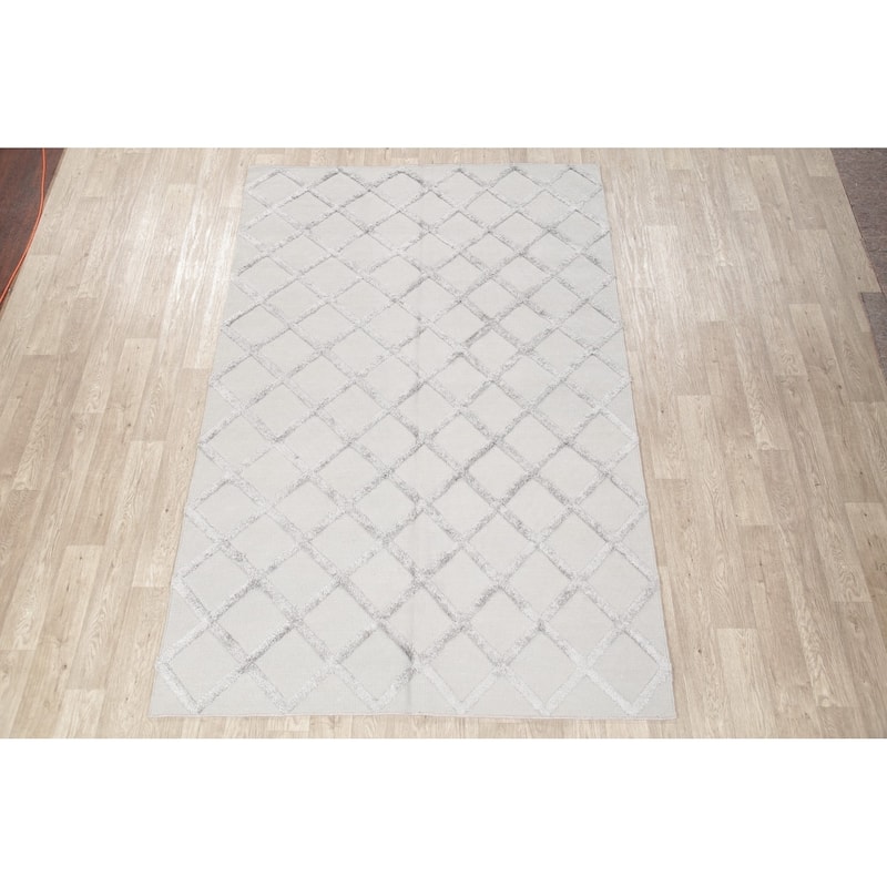 Kilim Hand Knotted Carpet Geometric Wool/Silk Indian Trellis Area Rug