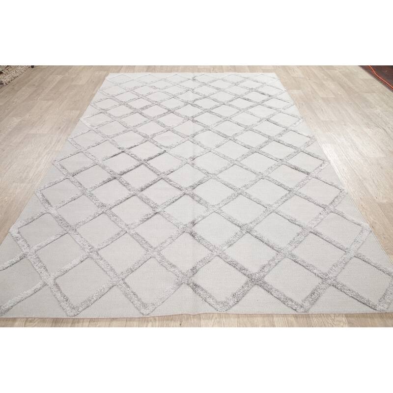 Kilim Hand Knotted Carpet Geometric Wool/Silk Indian Trellis Area Rug