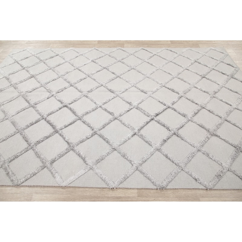 Kilim Hand Knotted Carpet Geometric Wool/Silk Indian Trellis Area Rug