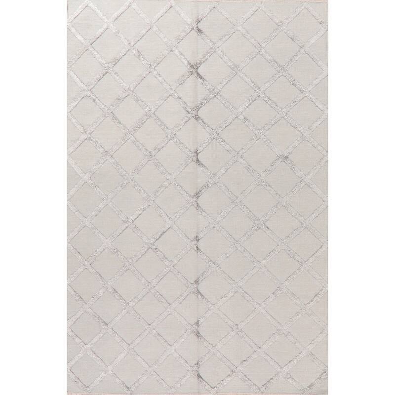 Kilim Hand Knotted Carpet Geometric Wool/Silk Indian Trellis Area Rug