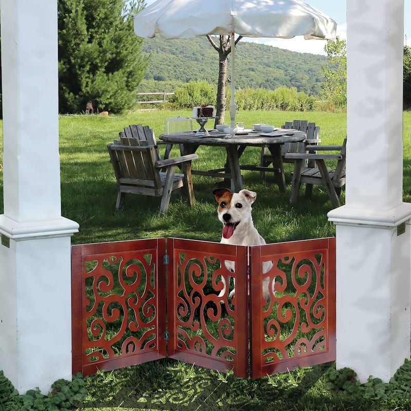Wooden Scroll Design Free Standing Adjustable, Foldable Pet Gate, 3 Panel, 45"X19"H