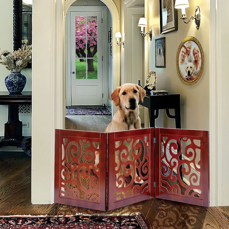 Wooden Scroll Design Free Standing Adjustable, Foldable Pet Gate, 3 Panel, 45"X19"H