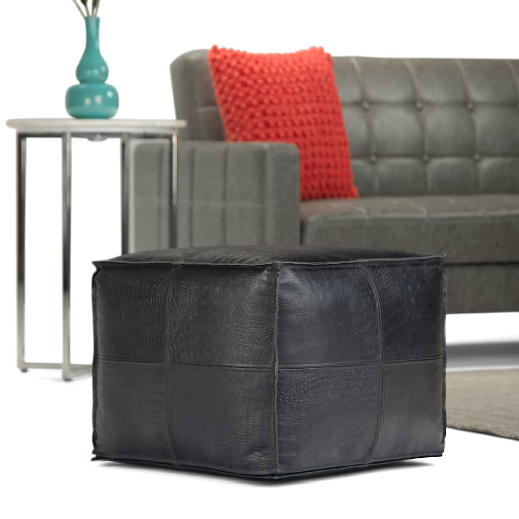 WYNDENHALL Dennie Boho Square Pouf in Black Genuine Leather