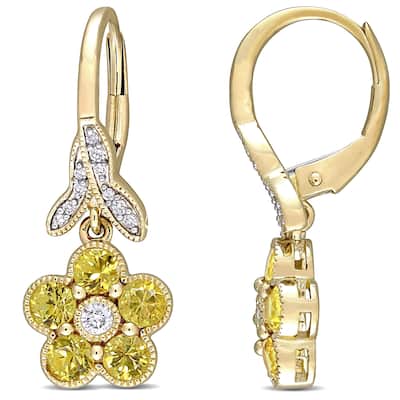Miadora 10k Yellow Gold Yellow Sapphire and 1/7ct TDW Diamond Flower Drop Earrings