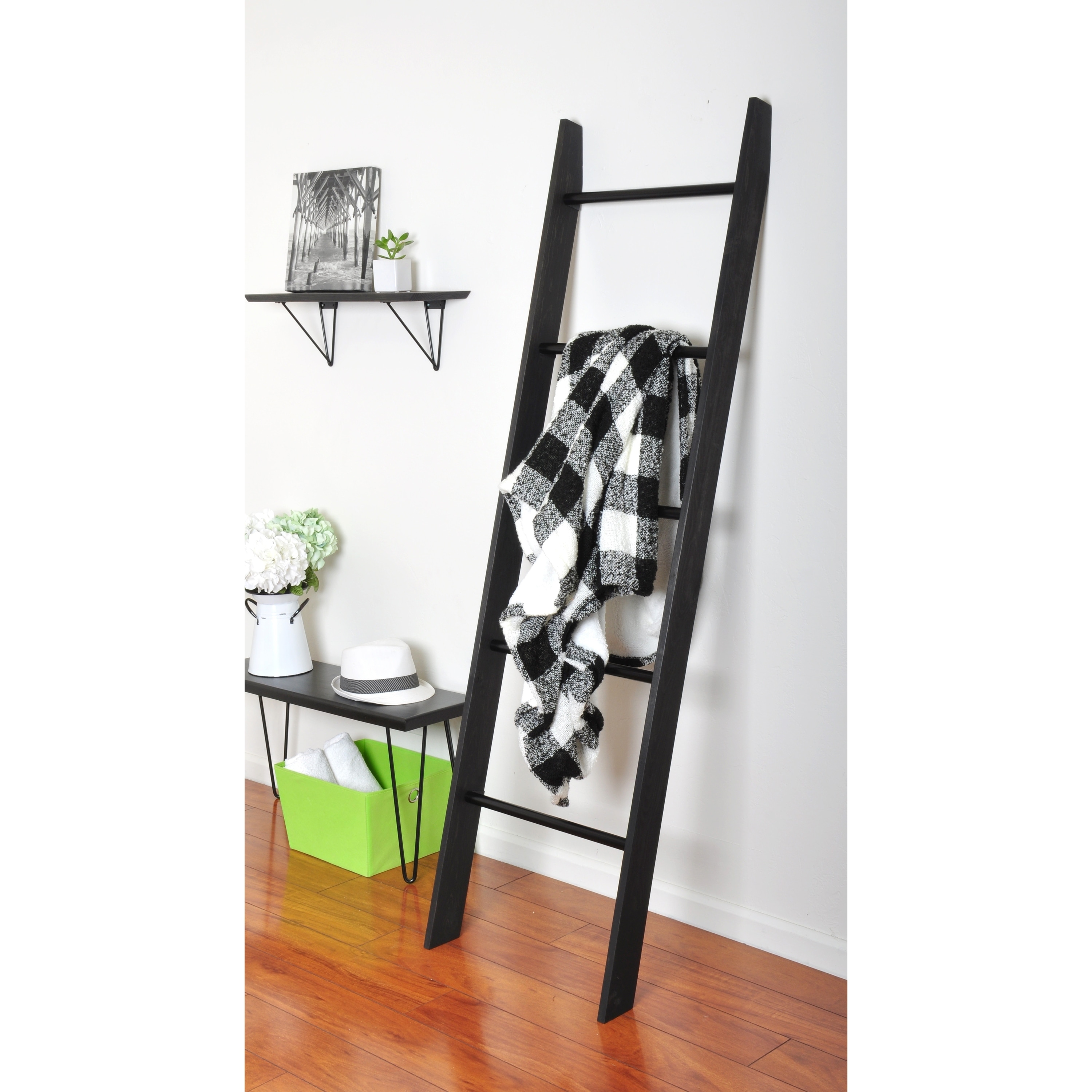 Black Metal Rung Industrial Modern Blanket Ladder 20 X 72