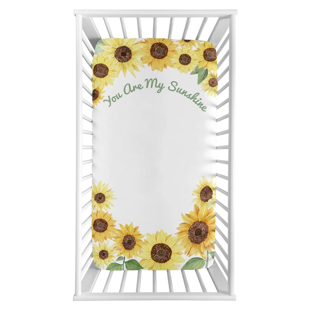 Sweet Jojo Designs Yellow Green Boho Floral Sunflower Girl Fitted Crib Sheet - Farmhouse Watercolor Flower, You Are My Sunshine