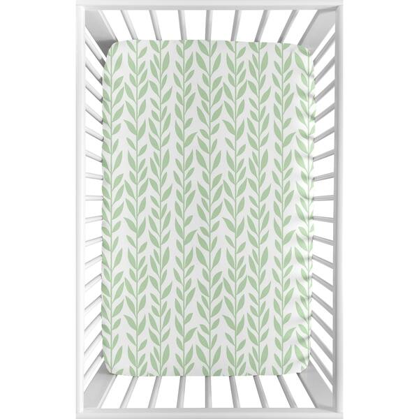 slide 2 of 3, Green White Leaf Floral Baby Girl Fitted Mini Portable Crib Sheet For Mini Crib or Pack and Play ONLY - Boho Farmhouse Sunflower