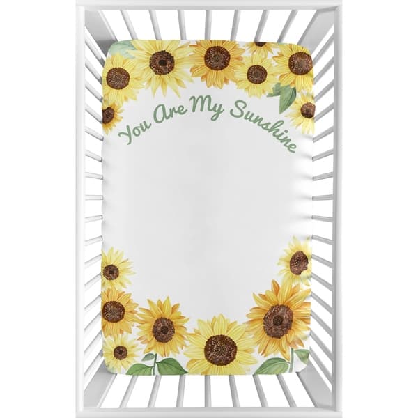 slide 2 of 3, Yellow Green Boho Floral Sunflower Baby Girl Fitted Mini Portable Sheet For Mini Crib or Pack and Play - You Are My Sunshine