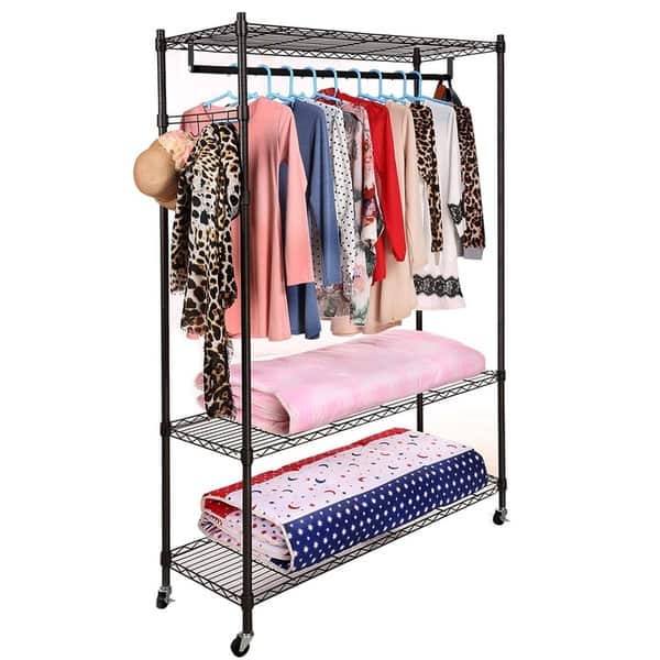 Finnhomy Heavy Duty Wire Shelving Garment Rack with Wheels Rolling Clothes Rack with Shelves and 4 Pair of Side Hooks Black