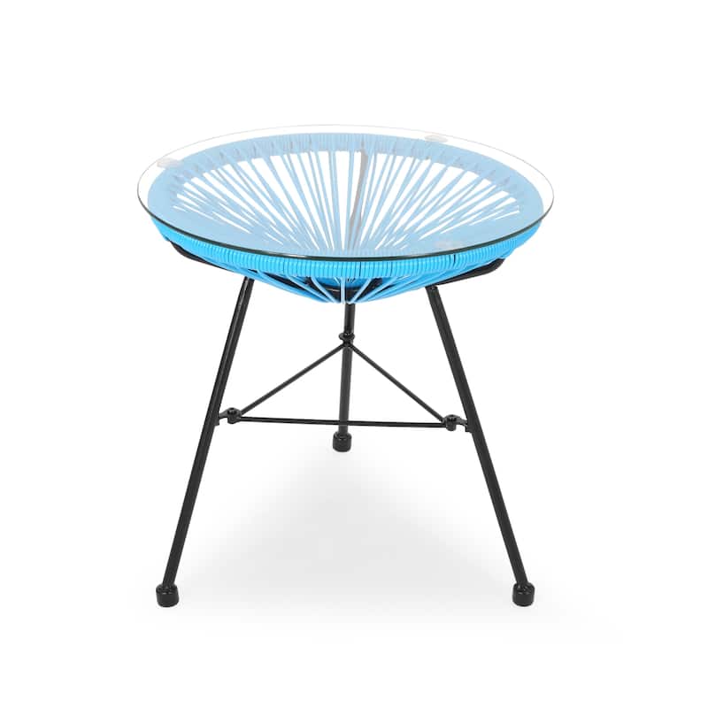 Nusa Outdoor Modern Wicker Side Table with Tempered Glass Top by Christopher Knight Home - Blue + Black
