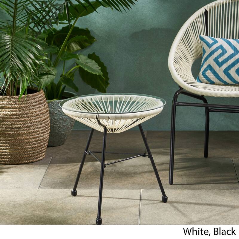 Nusa Outdoor Modern Wicker Side Table with Tempered Glass Top by Christopher Knight Home